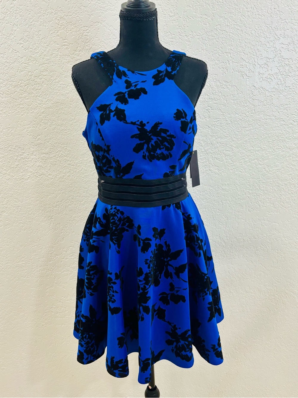 City Studio Royal Blue Floral Mini Dress with Black Waistband